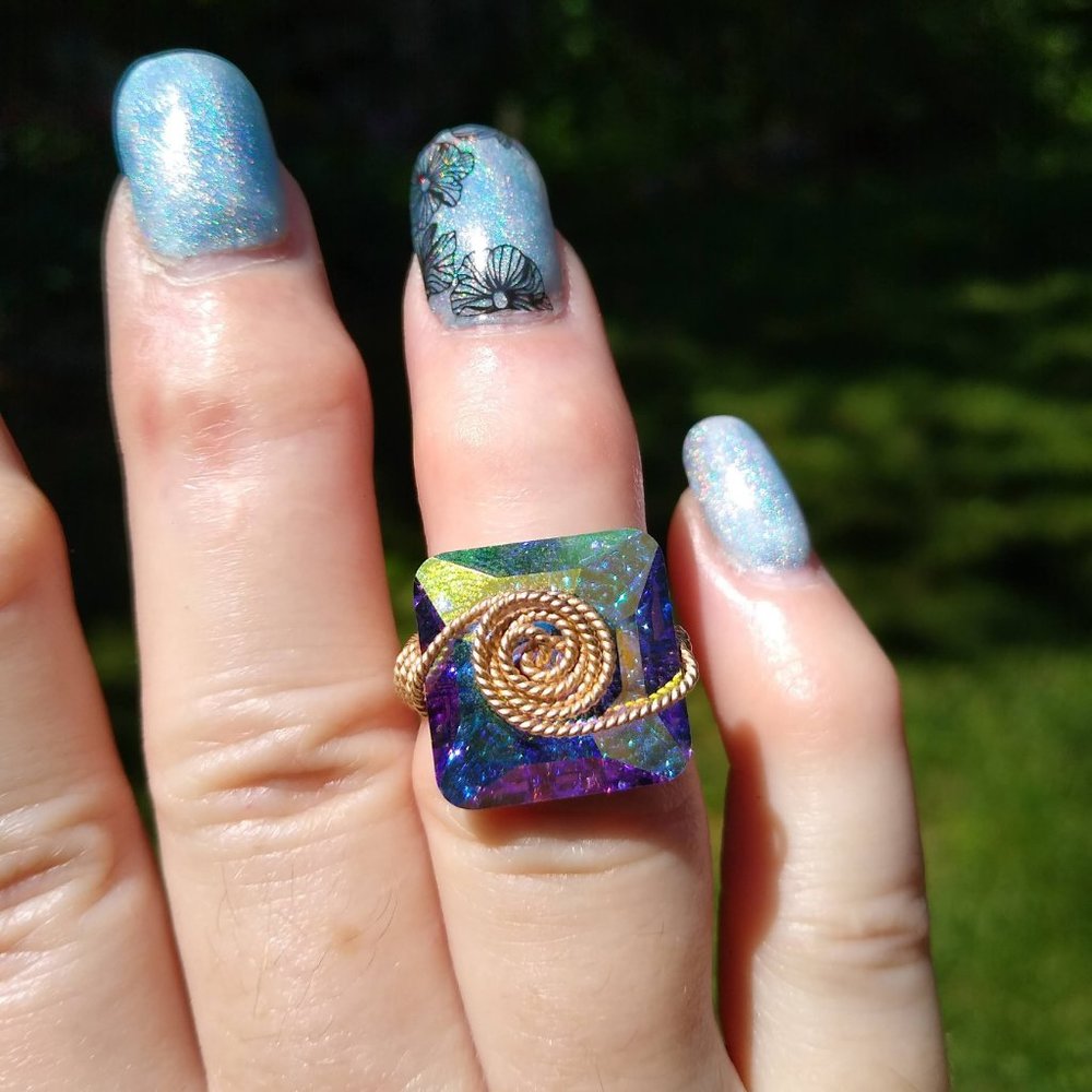 Gently Used Square Crystal AB Button Handmade Ring, 14k Gold Filled Twisted Wire